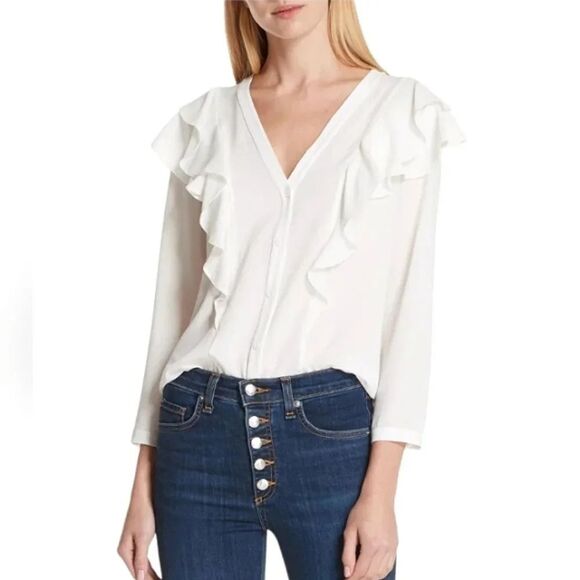Veronica Beard Light Cream Color Ruffle Detail Crepe Feel Blouse Size 4 - Picture 1 of 7